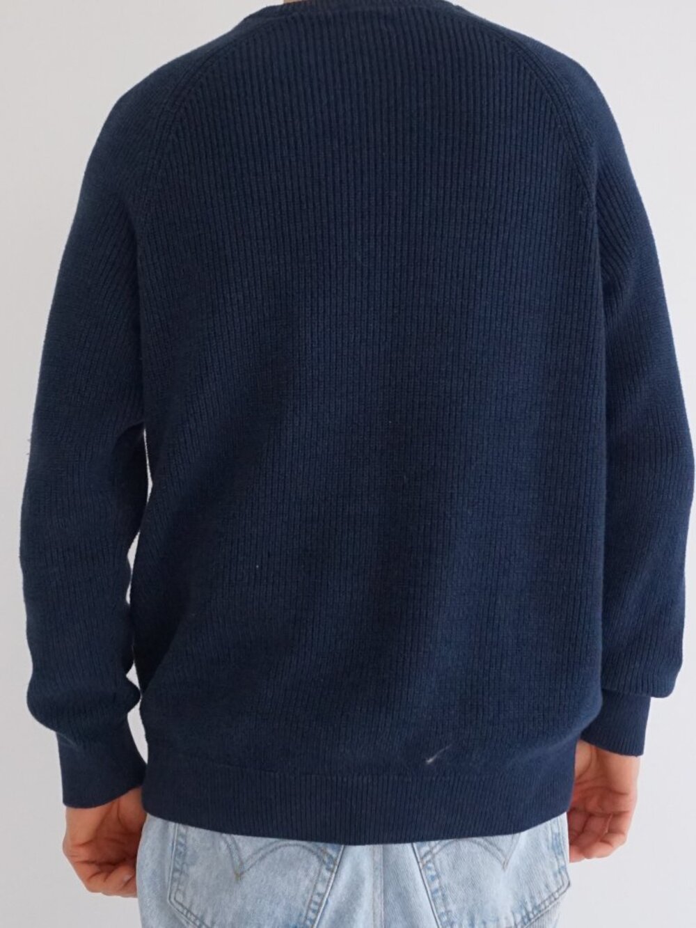 Denver Hayes Navy Rib Knit Minimalist Crewneck Pullover Sweater Cotton Blend L - Picture 2 of 9